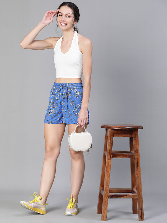 Women  Blue Floral Print Elasticated Tie-Knot Polyester Casual Shorts-S23079WST002