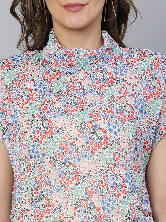 Women Floral Print High Neck Polyester Top-S23080WBL005