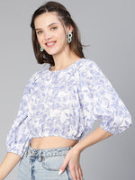 Women Blue Tropical Print Elastiacted Cotton Crop Top-S23081WBL002