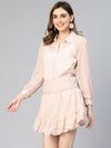 Women  Peach Polyester Swiss Dot Pleated & Button- Down  Partywear Dress-S23082WDR001