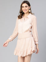 Women  Peach Polyester Swiss Dot Pleated & Button- Down  Partywear Dress-S23082WDR001