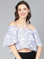 Women white floral print elasticated off -shoulder cotton top