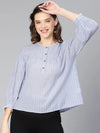 Women Meld blue stripe print & buttoned cotton pom-pom lace top