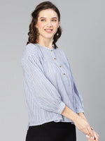 Women Meld blue stripe print & buttoned cotton pom-pom lace top