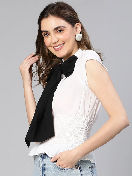 Women white & Black bow-style partywear polyester top