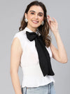 Women white & Black bow-style partywear polyester top