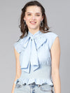 Women blue stripe tie -knotted & smocked cotton partywear top