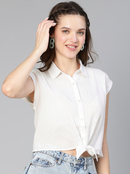 Women Solid White Tie-Knotted Casual Cotton Top-S23097WSH001