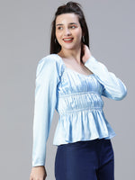 Women Soild Satin Blue Elasticated Round Neck Short Sleeve Top-S23104WBL001