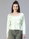 Women Soild Satin Light Green Elasticated Round Neck Short Sleeve Top-S23104WBL002