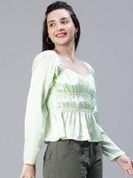 Women Soild Satin Light Green Elasticated Round Neck Short Sleeve Top-S23104WBL002