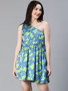 Women Green Floral Satin Print Elasticated One Off Shoulder Tie-Knot Dress-S23108WDR002