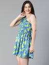 Women Green Floral Satin Print Elasticated One Off Shoulder Tie-Knot Dress-S23108WDR002