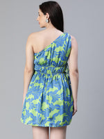 Women Green Floral Satin Print Elasticated One Off Shoulder Tie-Knot Dress-S23108WDR002