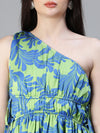 Women Green Floral Satin Print Elasticated One Off Shoulder Tie-Knot Dress-S23108WDR002