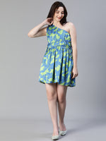 Women Green Floral Satin Print Elasticated One Off Shoulder Tie-Knot Dress-S23108WDR002