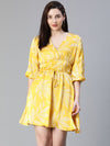 Women Floral Satin Print Yellow Elasticated Tie-Knot V-Neck Flared Dress-S23109WDR001