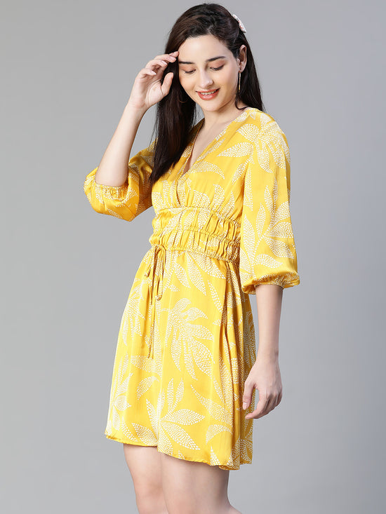 Women Floral Satin Print Yellow Elasticated Tie-Knot V-Neck Flared Dress-S23109WDR001