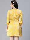 Women Floral Satin Print Yellow Elasticated Tie-Knot V-Neck Flared Dress-S23109WDR001