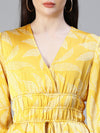 Women Floral Satin Print Yellow Elasticated Tie-Knot V-Neck Flared Dress-S23109WDR001