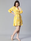 Women Floral Satin Print Yellow Elasticated Tie-Knot V-Neck Flared Dress-S23109WDR001