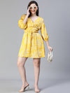 Women Floral Satin Print Yellow Elasticated Tie-Knot V-Neck Flared Dress-S23109WDR001