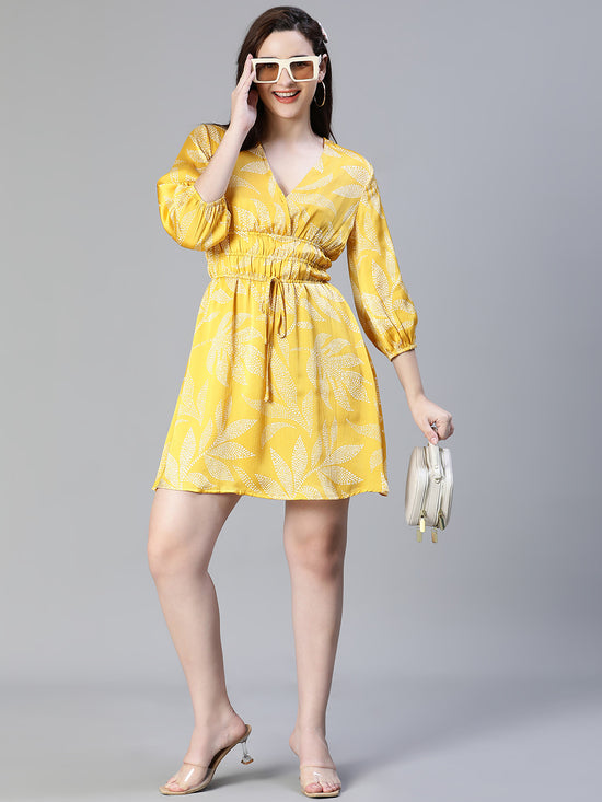 Women Floral Satin Print Yellow Elasticated Tie-Knot V-Neck Flared Dress-S23109WDR001