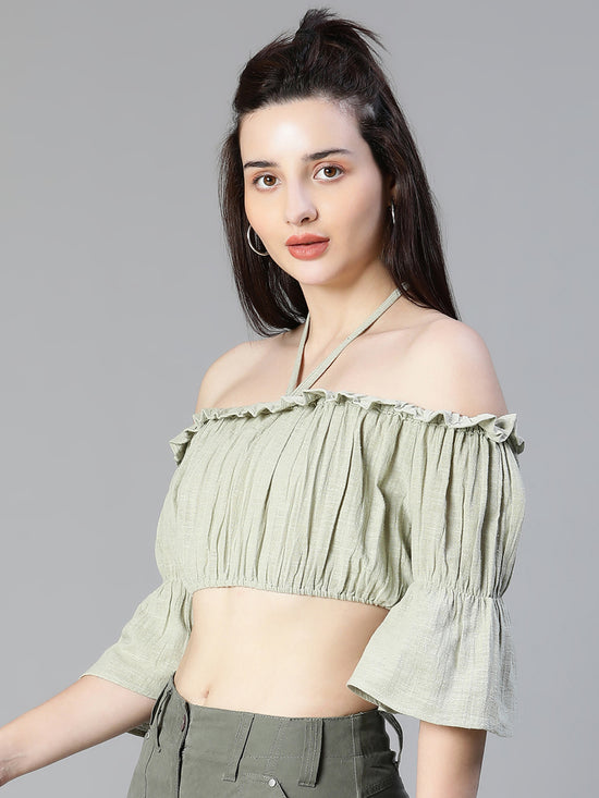 Women Light Green Ruffle Off -Shoulder Halter Crop Top-S23112WBL002