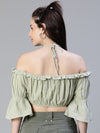 Women Light Green Ruffle Off -Shoulder Halter Crop Top-S23112WBL002