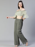 Women Light Green Ruffle Off -Shoulder Halter Crop Top-S23112WBL002