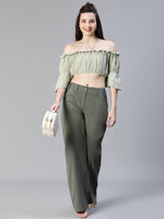 Women Light Green Ruffle Off -Shoulder Halter Crop Top-S23112WBL002