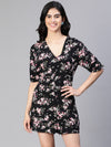 Women Floral Print Black V-Neck Playsuit-S23114WOV002