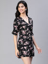 Women Floral Print Black V-Neck Playsuit-S23114WOV002