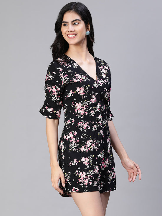 Women Floral Print Black V-Neck Playsuit-S23114WOV002