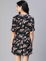 Women Floral Print Black V-Neck Playsuit-S23114WOV002