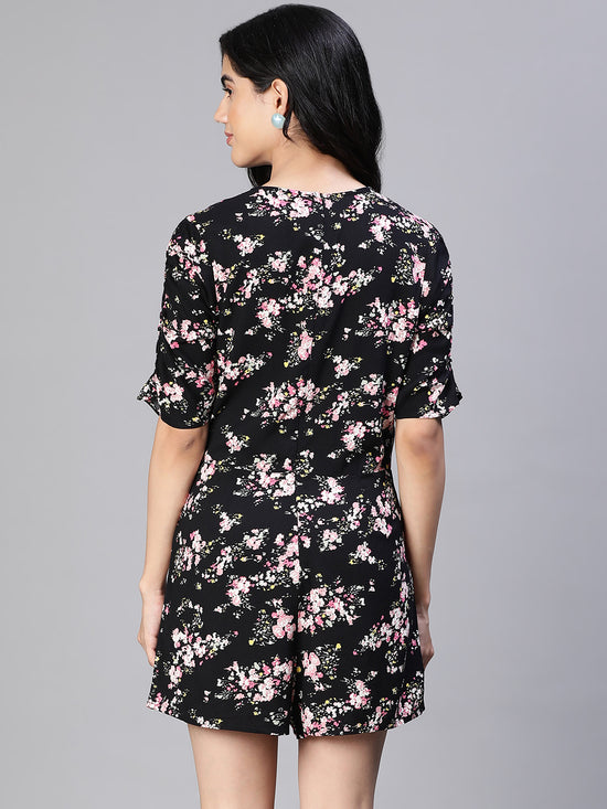 Women Floral Print Black V-Neck Playsuit-S23114WOV002