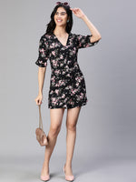 Women Floral Print Black V-Neck Playsuit-S23114WOV002