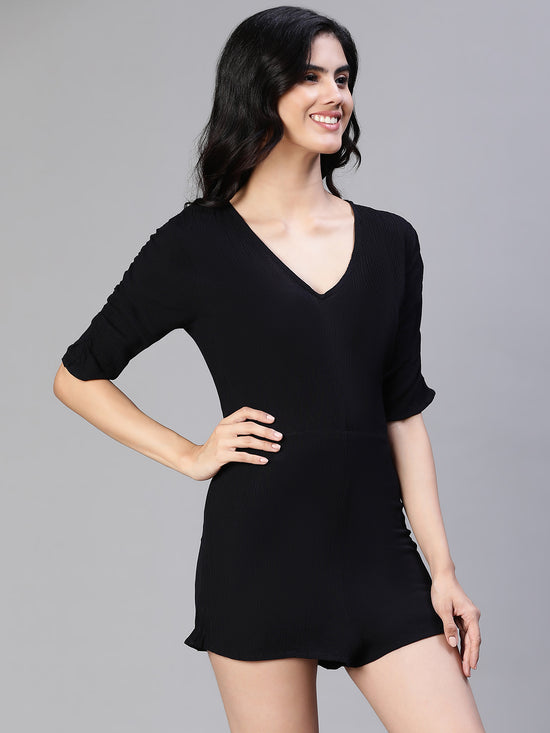 Women Soild Black V-Neck Playsuit-S23114WOV004