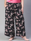 Women Floral Print Black Elasticated Tie-Knotted Plus Size Casual Pant-S23115PP0004