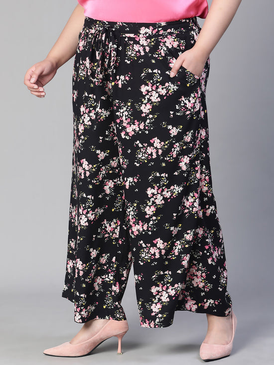 Women Floral Print Black Elasticated Tie-Knotted Plus Size Casual Pant-S23115PP0004