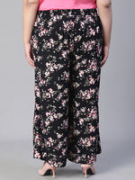 Women Floral Print Black Elasticated Tie-Knotted Plus Size Casual Pant-S23115PP0004