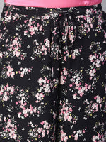 Women Floral Print Black Elasticated Tie-Knotted Plus Size Casual Pant-S23115PP0004