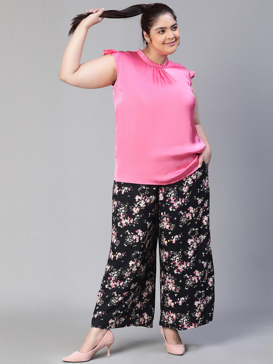 Women Floral Print Black Elasticated Tie-Knotted Plus Size Casual Pant-S23115PP0004