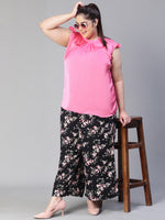 Women Floral Print Black Elasticated Tie-Knotted Plus Size Casual Pant-S23115PP0004