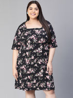 Women Floral Print Black Square Neck Short Sleeve Plus Size Dress-S23116PDR001