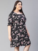 Women Floral Print Black Square Neck Short Sleeve Plus Size Dress-S23116PDR001