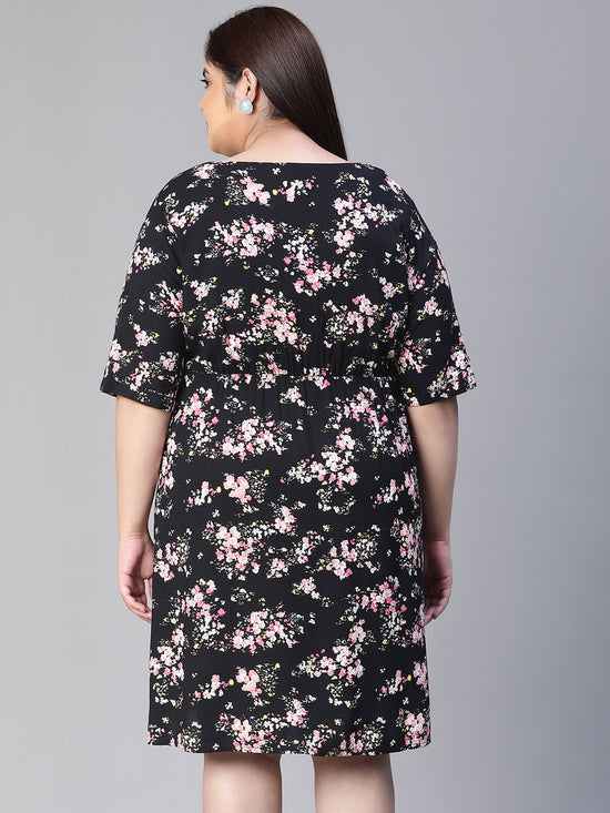 Women Floral Print Black Square Neck Short Sleeve Plus Size Dress-S23116PDR001