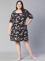 Women Floral Print Black Square Neck Short Sleeve Plus Size Dress-S23116PDR001