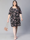 Women Floral Print Black Square Neck Short Sleeve Plus Size Dress-S23116PDR001