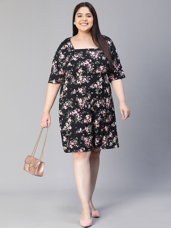 Women Floral Print Black Square Neck Short Sleeve Plus Size Dress-S23116PDR001